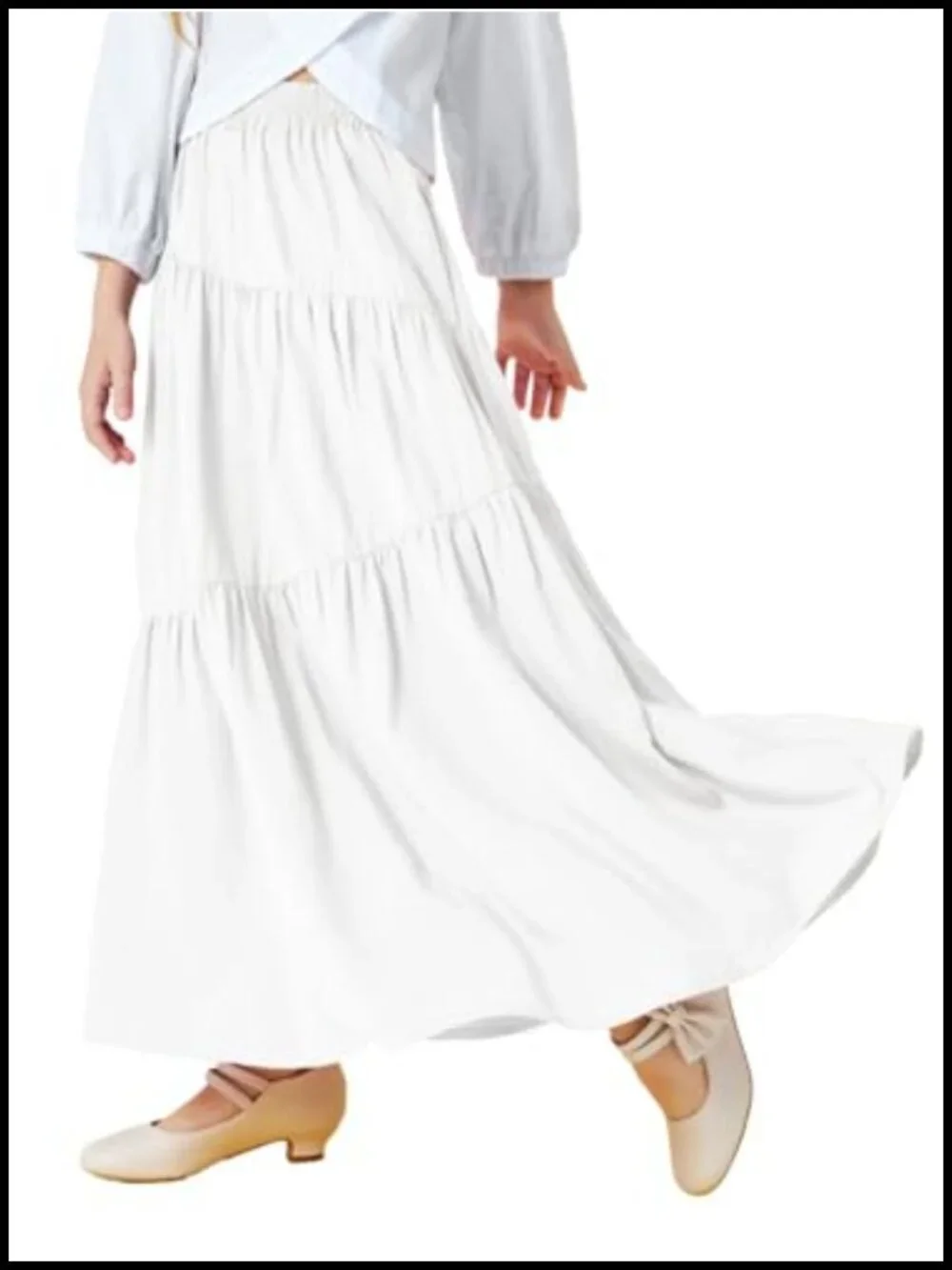Girls Elastic Waist Maxi Skirt Tiered Pleated A-Line with Pockets